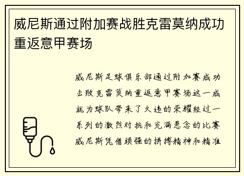 威尼斯通过附加赛战胜克雷莫纳成功重返意甲赛场