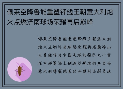 佩莱空降鲁能重塑锋线王朝意大利炮火点燃济南球场荣耀再启巅峰